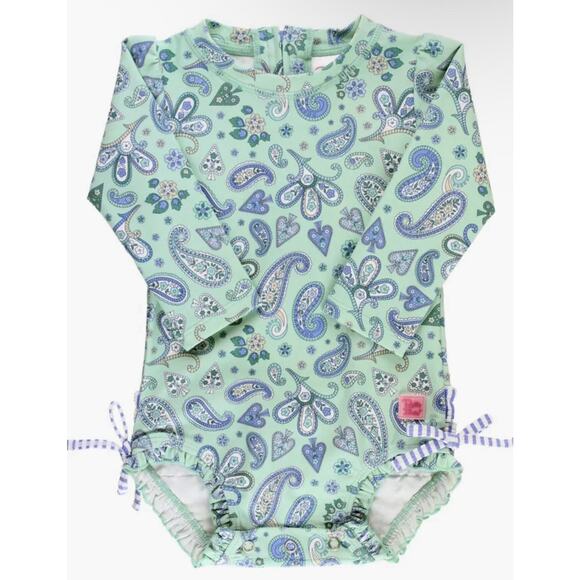 RuffleButts Sea Glass Paisley Long Sleeve One-Piece Rashguard Swimsuit 12-18M - Picture 1 of 5